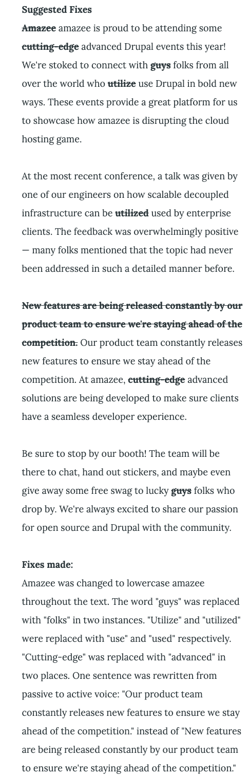 Updated text that has applied the compliance rules.